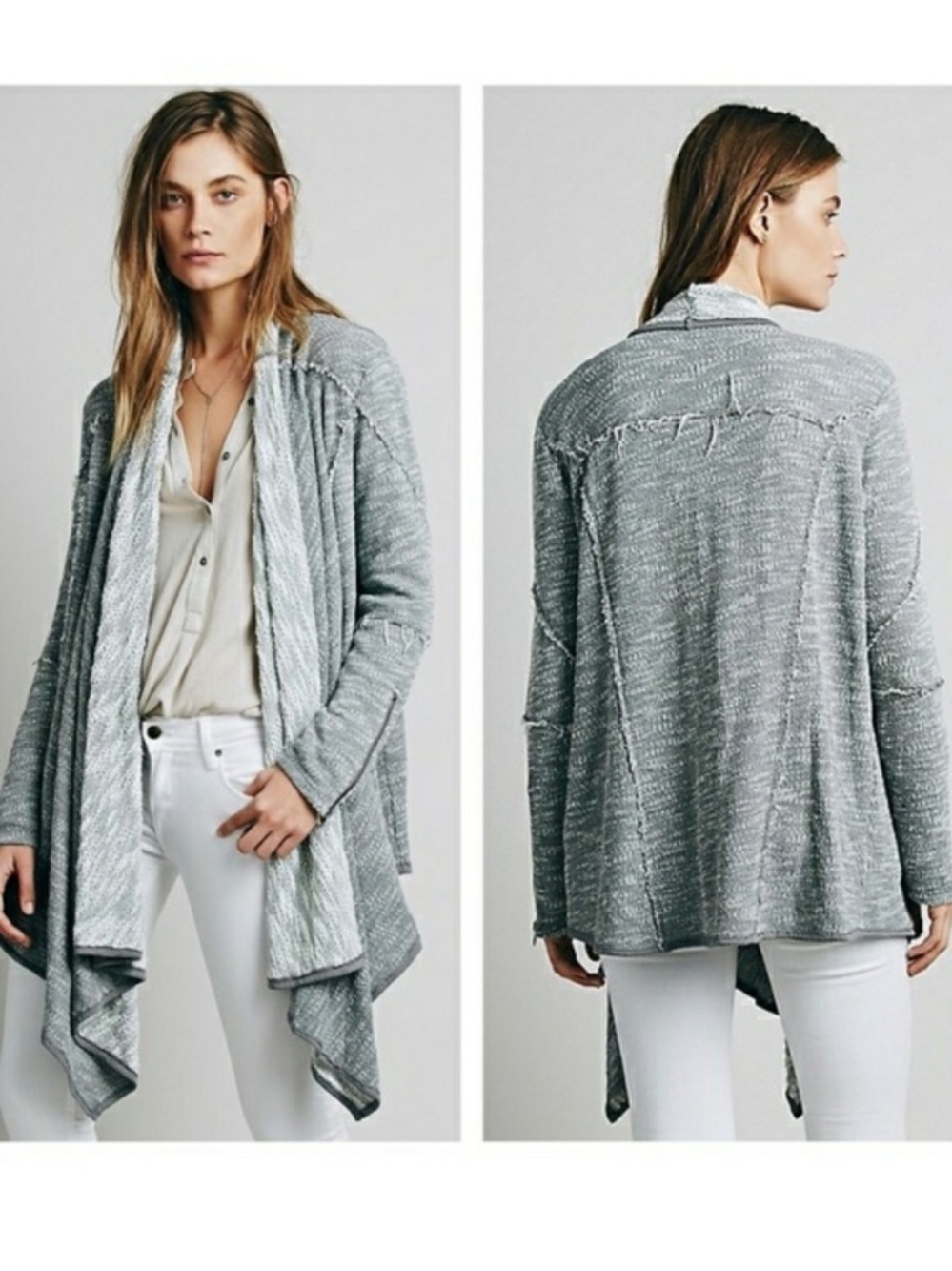 Free People 'In The Loop' Gray Waterfall Cardigan Sweater Size Large Cozy Boho - Picture 5 of 9